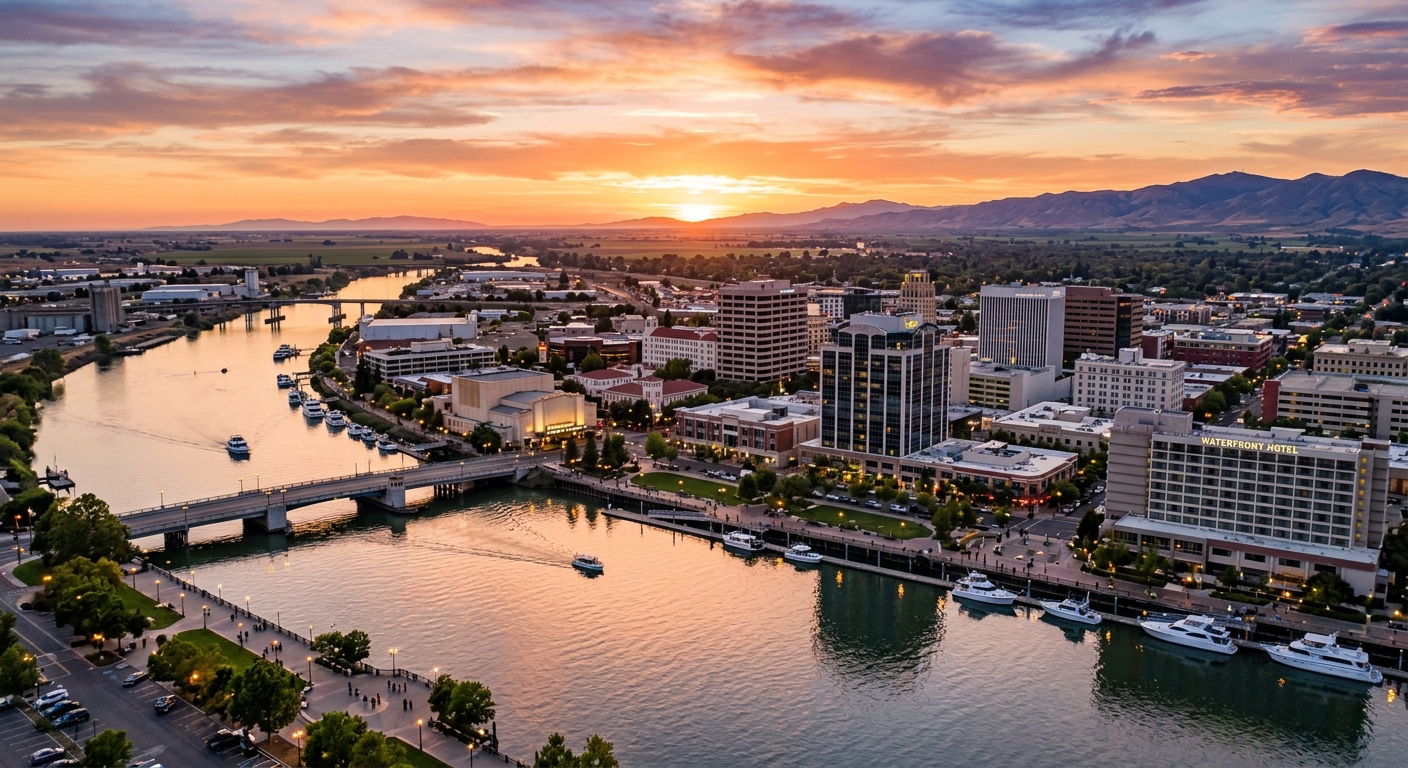 Stockton California downtown waterfront district with the Stockton Channel, modern buildings, and the San Joaquin Valley landscape under a warm sunset