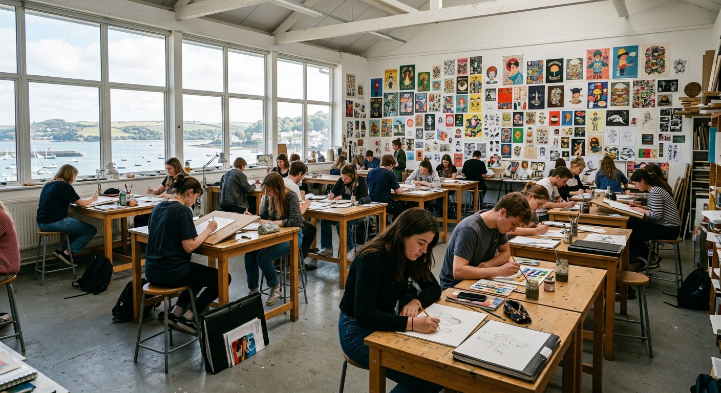 Falmouth University art studio with illustration students working at drawing tables, colorful artwork pinned to walls, natural light streaming through large windows, coastal Cornwall campus setting