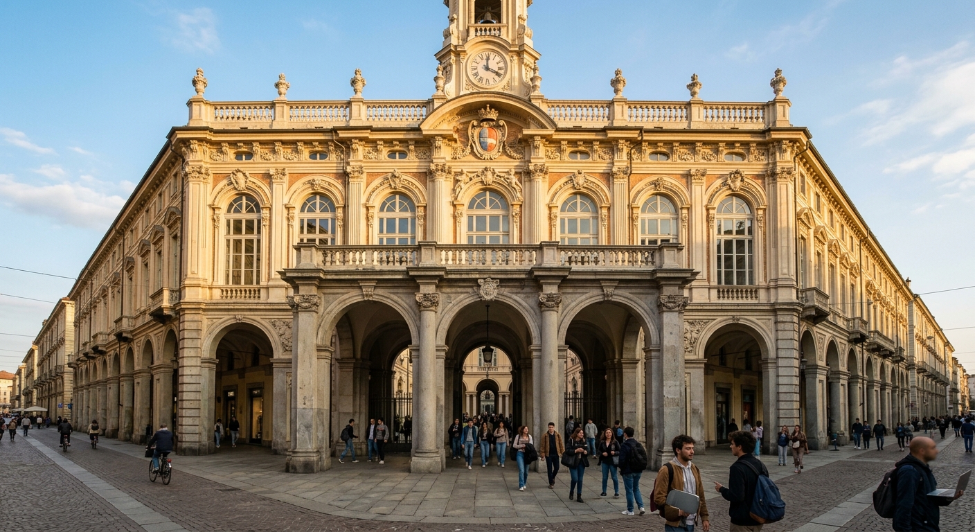 The baroque Palazzo del Rettorato main building of the University of Turin on Via Po, ornate facade with arched windows, students walking through the porticoed entrance, warm afternoon light