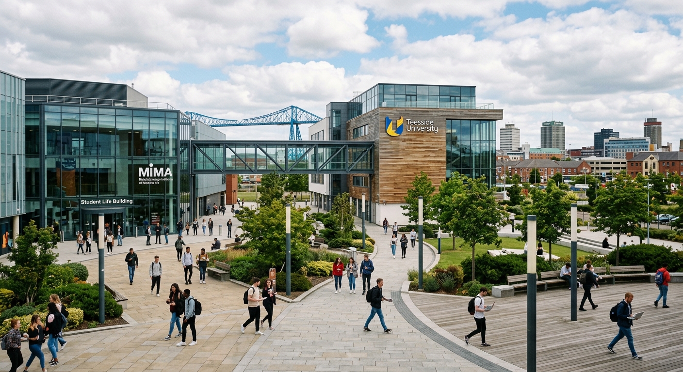 Modern Teesside University campus in Middlesbrough, North East England, with contemporary glass and steel buildings, students walking across a landscaped courtyard, city skyline in the background under a partly cloudy sky