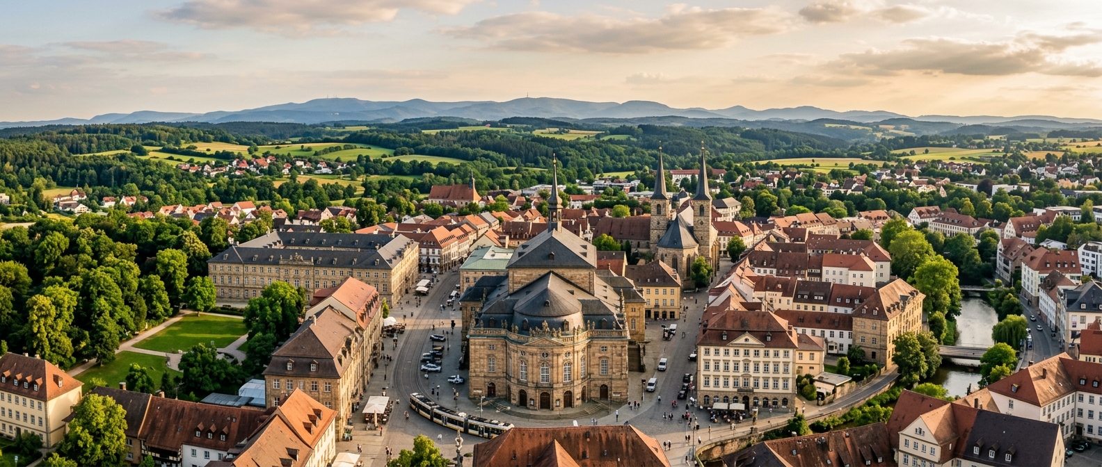 Panoramic view of Bayreuth city center with the Margravial Opera House, baroque architecture, green hills of Upper Franconia in the background, Fichtel Mountains on the horizon, warm afternoon light