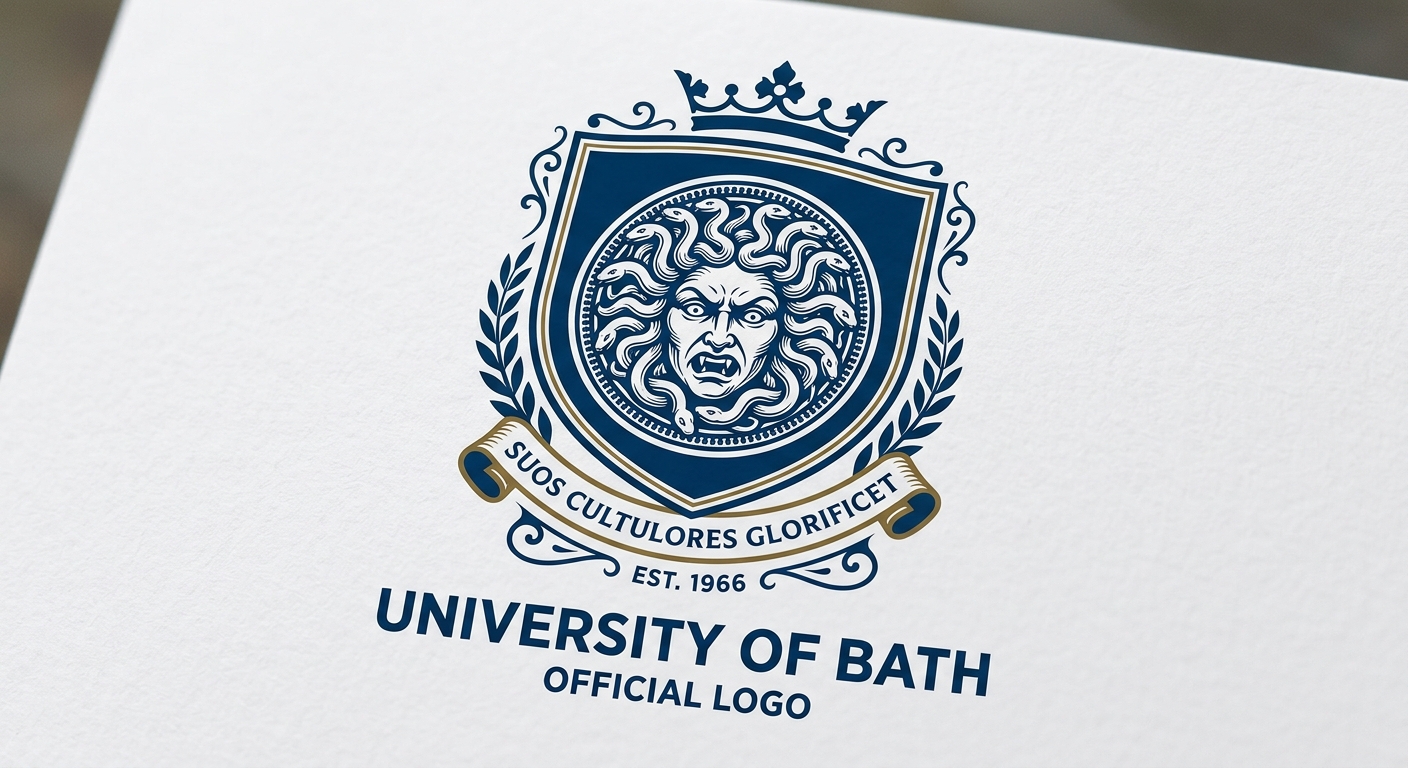 University of Bath official logo featuring the Gorgon's head emblem derived from a Roman sculpture, blue and white university crest