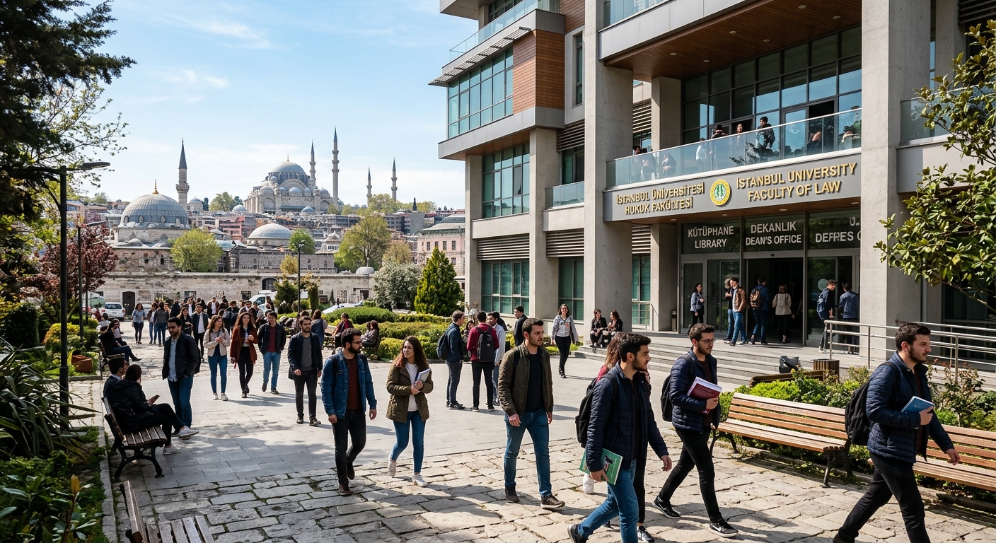 Modern university campus building in Istanbul with students walking through courtyard, historic Ottoman architecture visible in background, bright sunny day, Turkish and English signage on faculty building