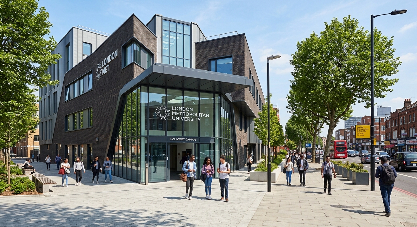 London Metropolitan University Holloway campus exterior with modern architecture, students walking near the entrance, urban London setting with trees and clear sky