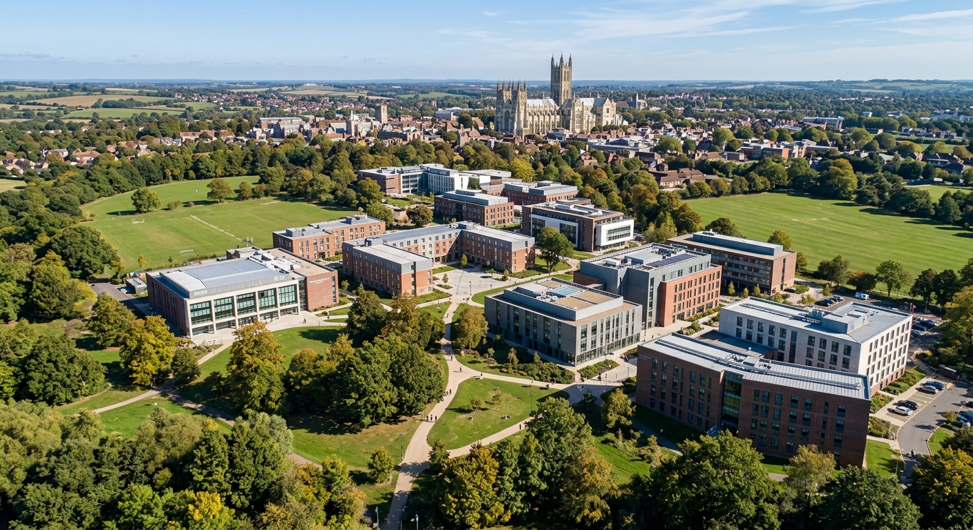 University of Kent Canterbury campus aerial view showing modern academic buildings surrounded by green parkland, with Canterbury Cathedral visible in the background under a clear sky