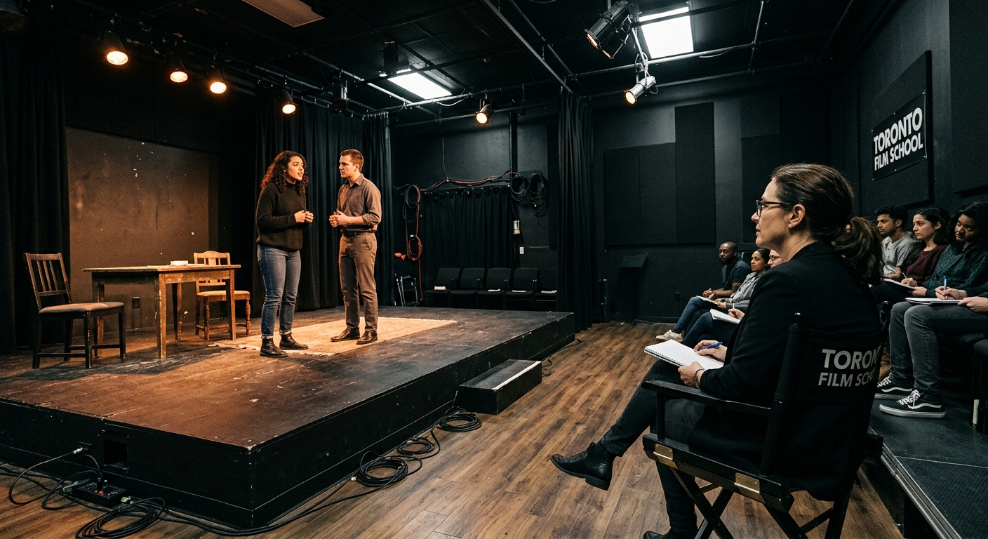 Toronto Film School acting classroom, black box theatre space, students performing scenes under stage lighting, instructor observing from director's chair