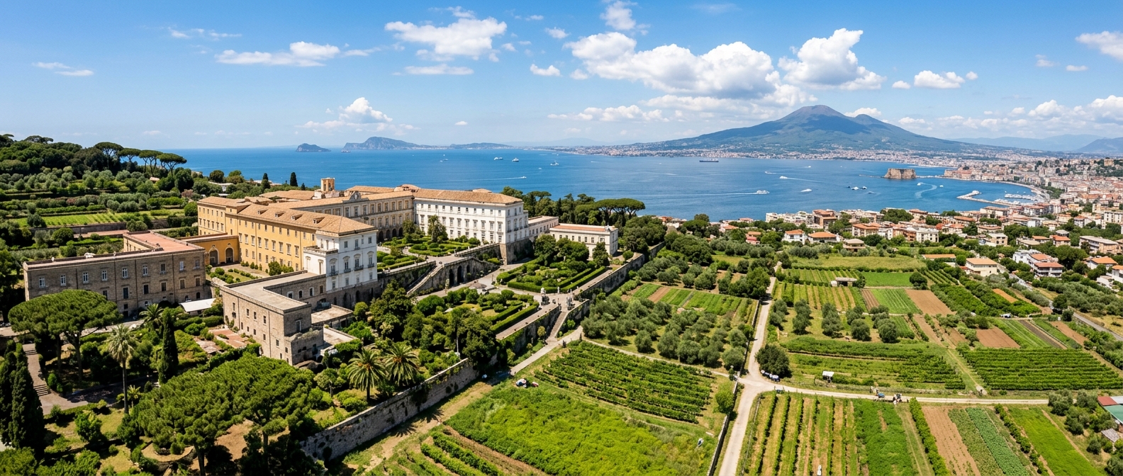 Panoramic view of the University of Naples Federico II Portici campus with Mediterranean architecture, lush agricultural fields, and the Bay of Naples in the background under a bright Italian sky