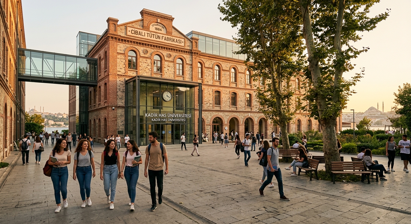 Kadir Has University historic Cibali campus building in Istanbul with students walking through the courtyard, restored Ottoman tobacco factory architecture, modern glass additions, golden hour lighting