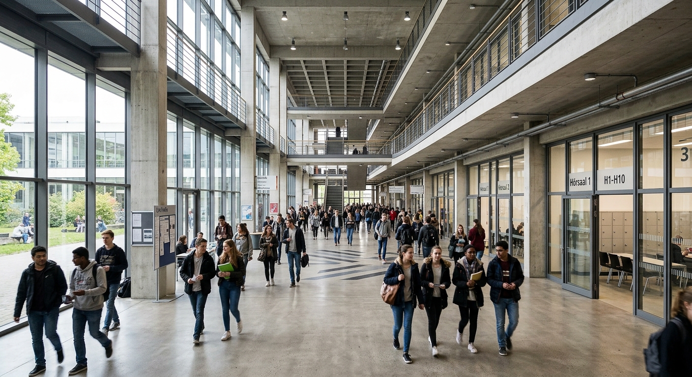 Bielefeld University main building interior, wide corridor with natural light, students walking between lecture halls, modernist concrete and glass architecture