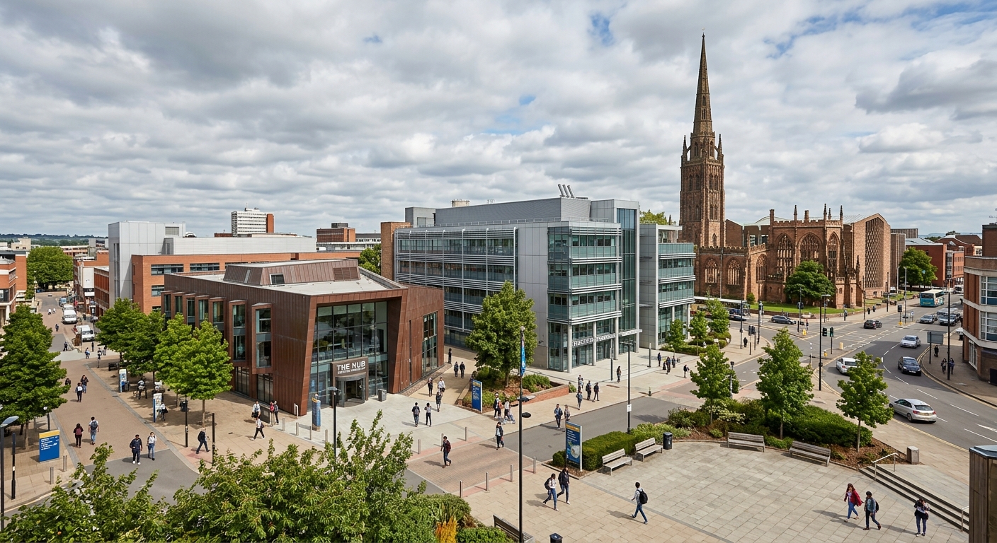 Coventry University main campus wide shot showing modern buildings including the Hub and Engineering Building, with the iconic Coventry Cathedral ruins visible in the background, urban city centre setting under a partly cloudy British sky