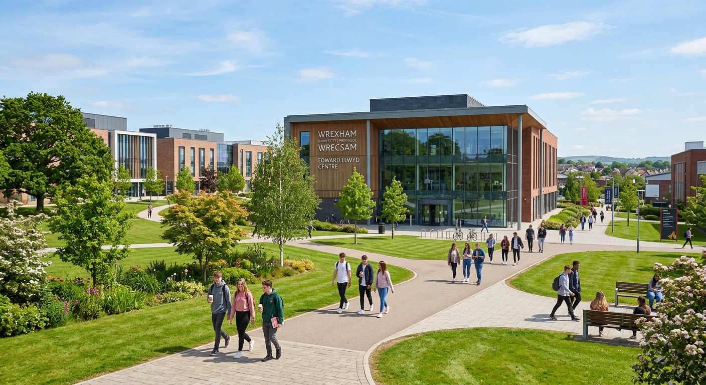 Wrexham University Plas Coch main campus showing modern academic buildings, the Edward Llwyd Centre library, green parkland, and student pathways on a bright day