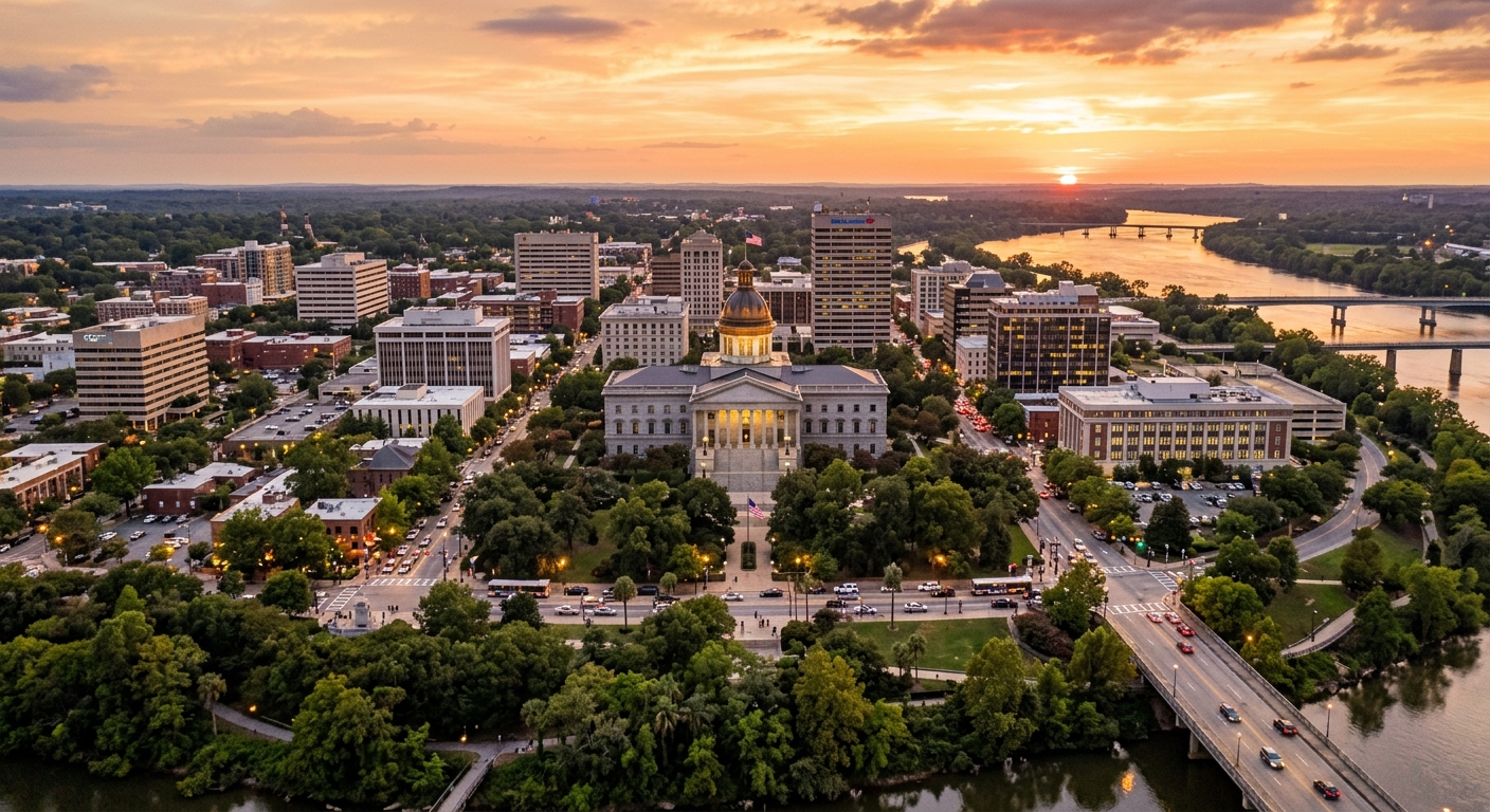 Downtown Columbia South Carolina skyline at sunset, featuring the State House dome, tree-lined streets, the Congaree River in the background, and a warm golden sky