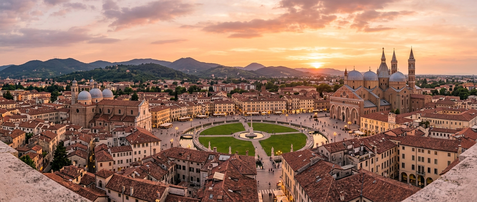 Panoramic view of Padua city skyline with Prato della Valle square, Basilica of Saint Anthony dome, historic rooftops, and the Euganean Hills in the background at golden hour