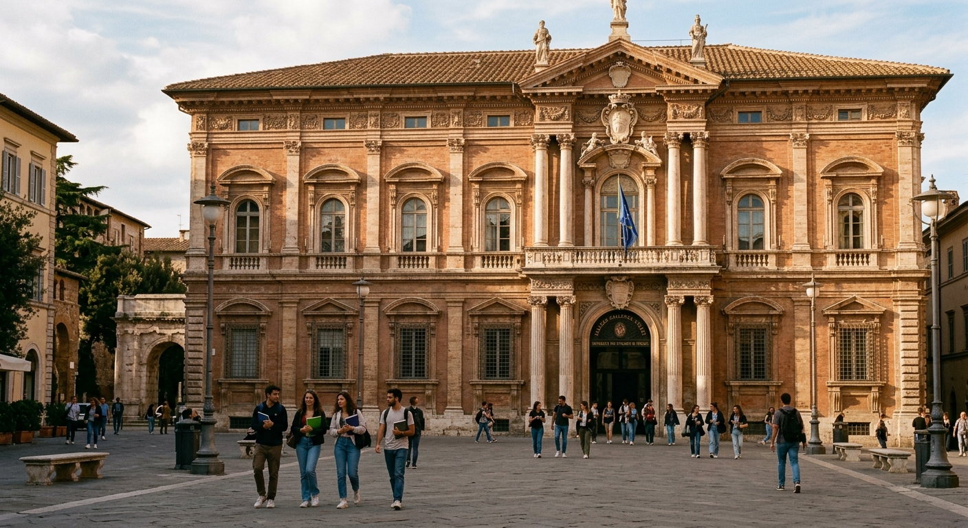 Palazzo Gallenga Stuart main facade, Baroque architecture with ornate stone columns and arched windows, Piazza Fortebraccio with students walking, warm afternoon light