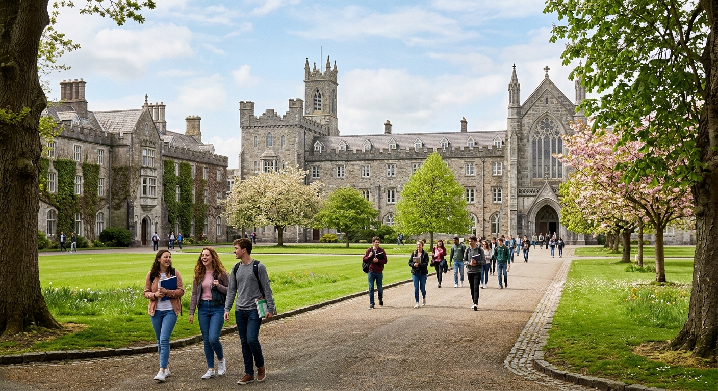 Maynooth University historic South Campus with stone buildings and green quadrangle, students walking through tree-lined paths in County Kildare, Ireland