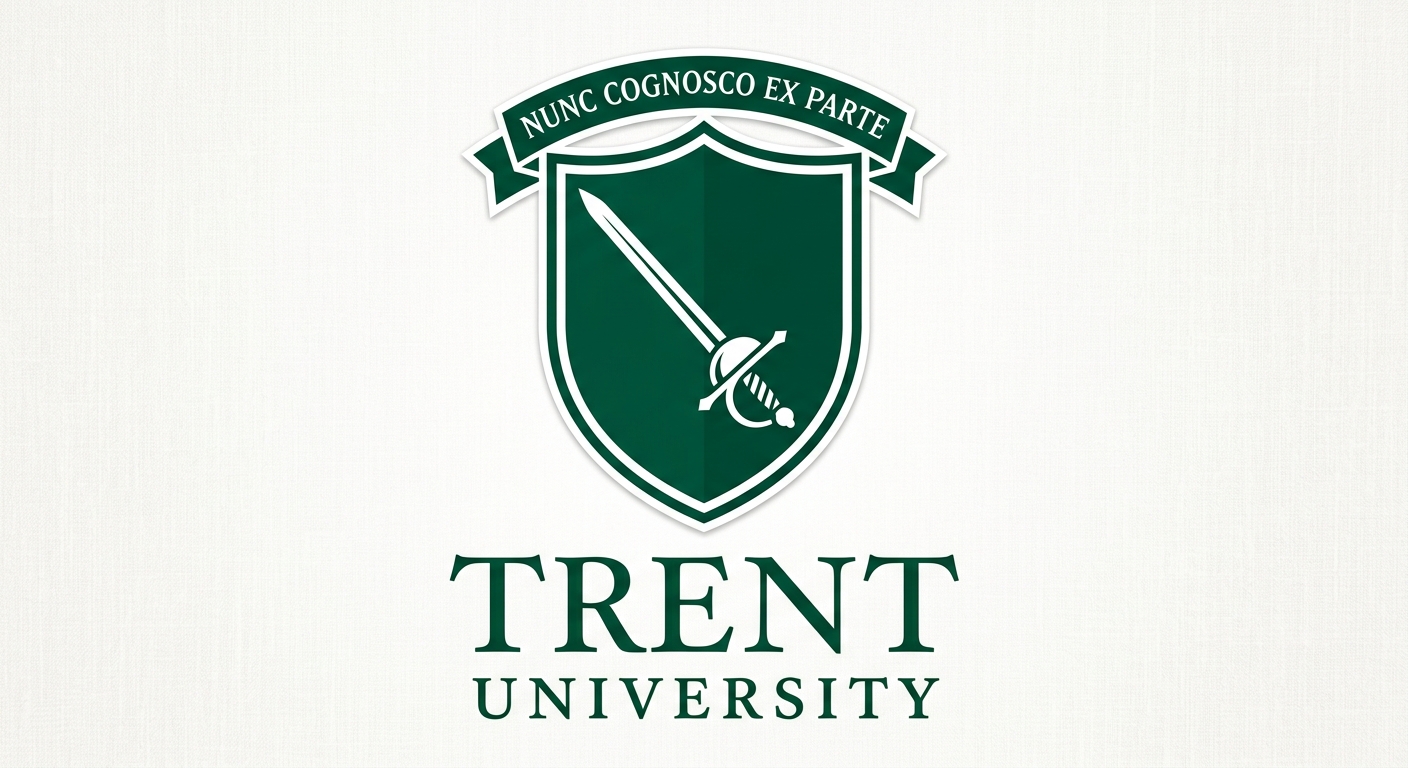 Trent University official logo featuring a shield crest with Champlain's sword, dark green and white color scheme, university name in serif font