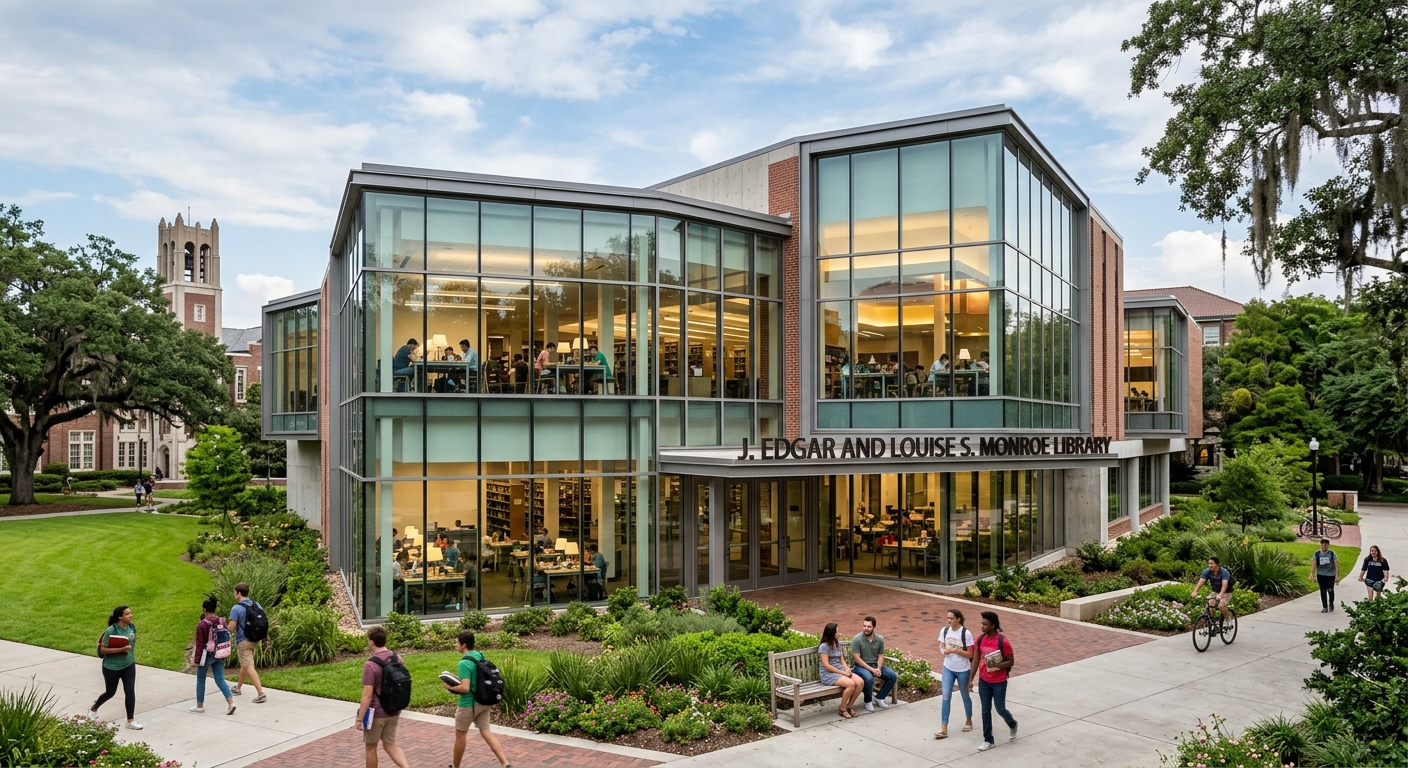 J. Edgar and Louise S. Monroe Library at Loyola University New Orleans, modern building exterior with large windows, students studying inside visible through glass, green landscaping