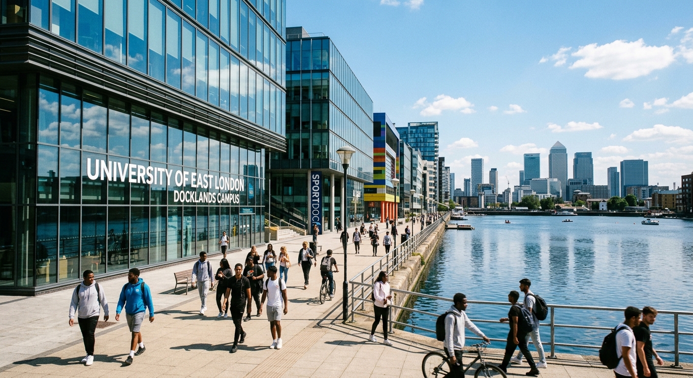 UEL Docklands campus modern buildings along the Royal Albert Dock waterfront, reflective glass facades, students walking along waterside promenade, sunny day