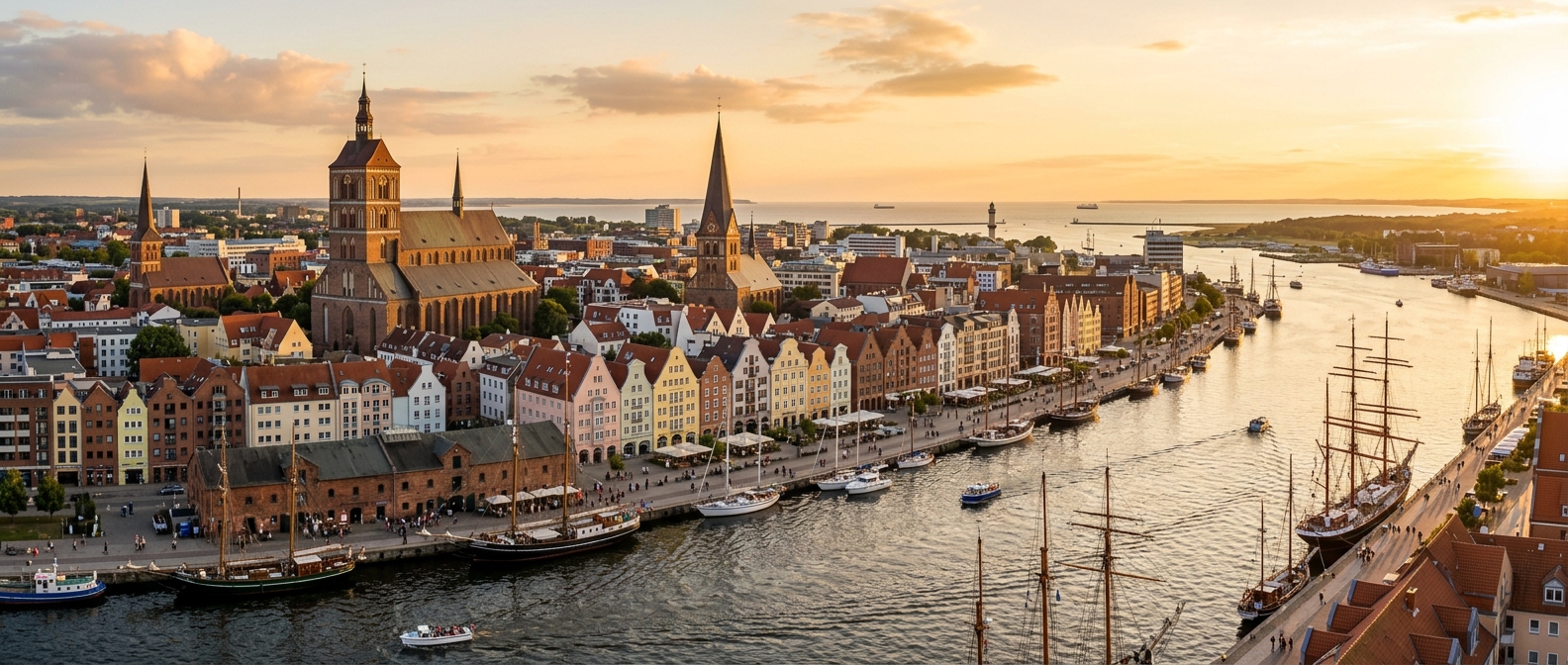 Panoramic view of Rostock city skyline with Gothic brick churches, Warnow River harbor with sailing ships, colorful historic buildings along the waterfront, Baltic Sea in the distance, golden hour light