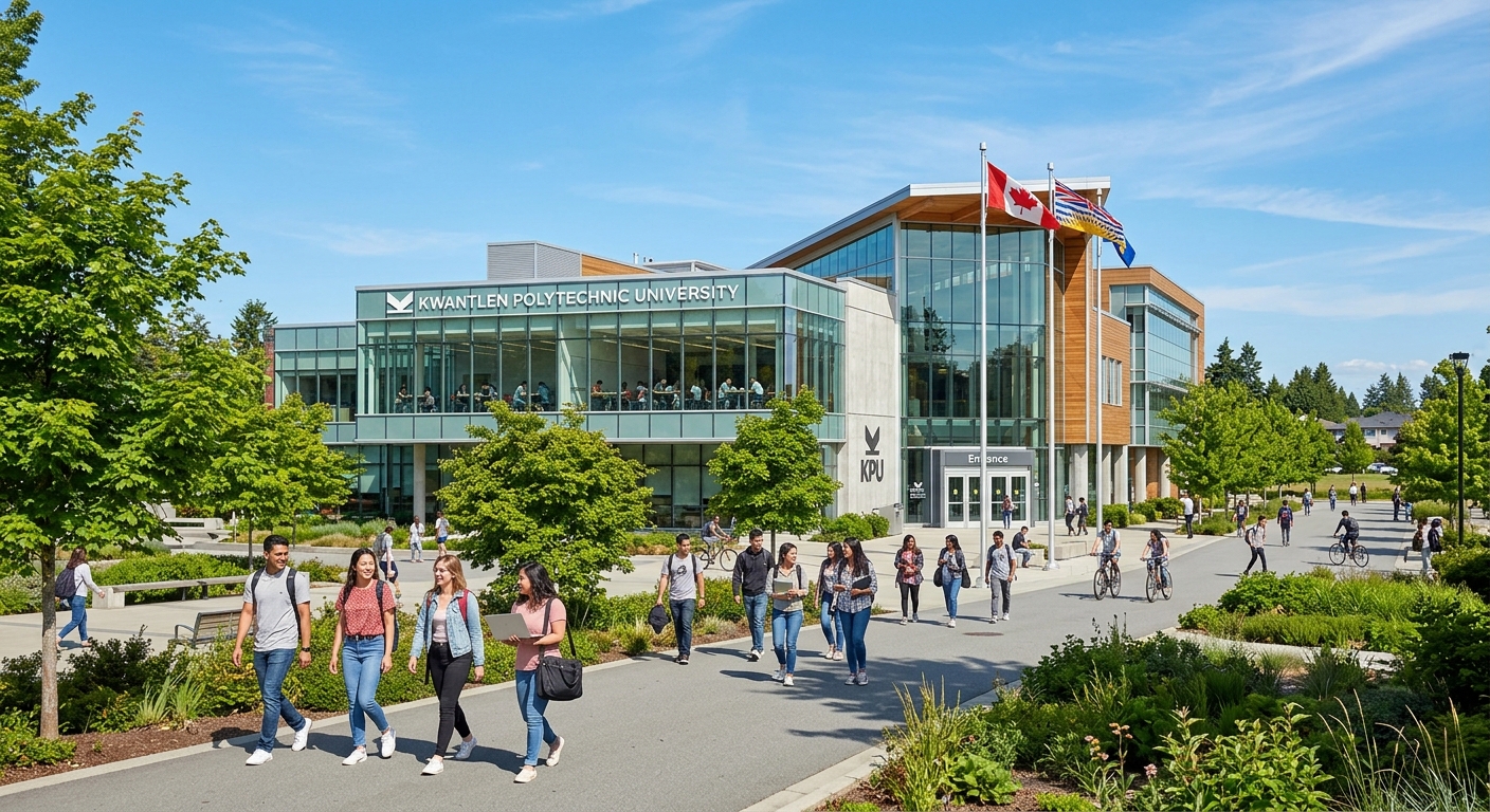 Modern campus building at Kwantlen Polytechnic University in Surrey, British Columbia, with students walking along tree-lined pathways, glass-fronted lecture halls visible, Canadian flag, clear blue sky