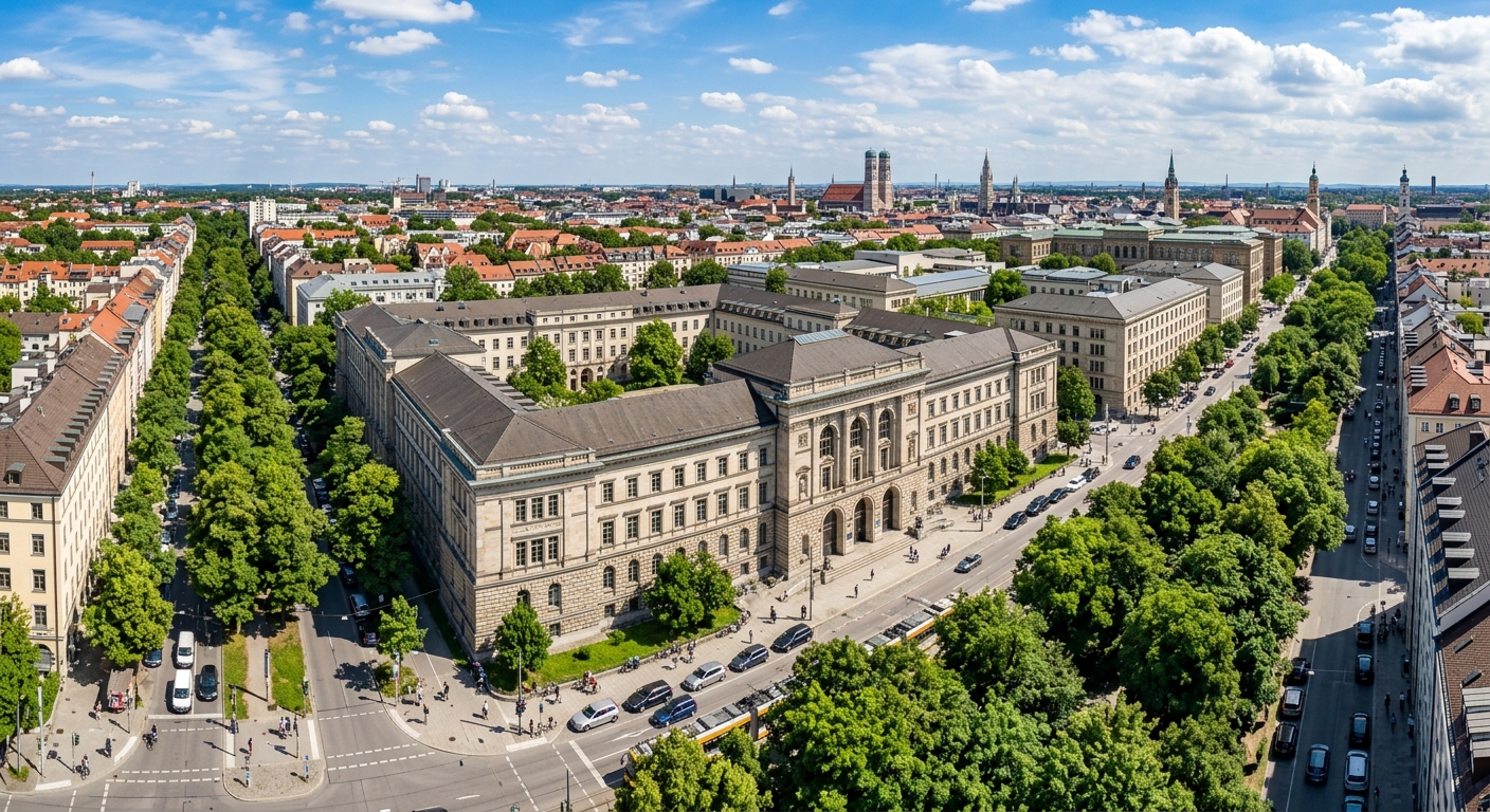 Aerial wide-shot of the Technical University of Munich main campus on Arcisstrasse in Munich, classical stone facade with arched entrance, surrounded by tree-lined streets in the Maxvorstadt district, blue sky with scattered clouds