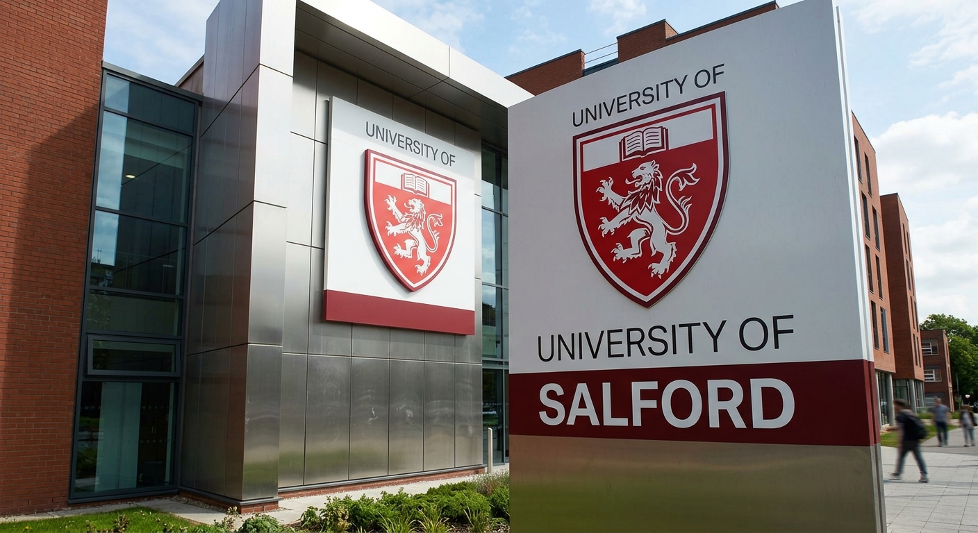 University of Salford official logo, red and white shield crest with university name in modern typography