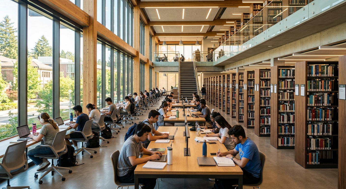 University library interior with modern design, rows of bookshelves, students studying at desks with natural light streaming through large windows