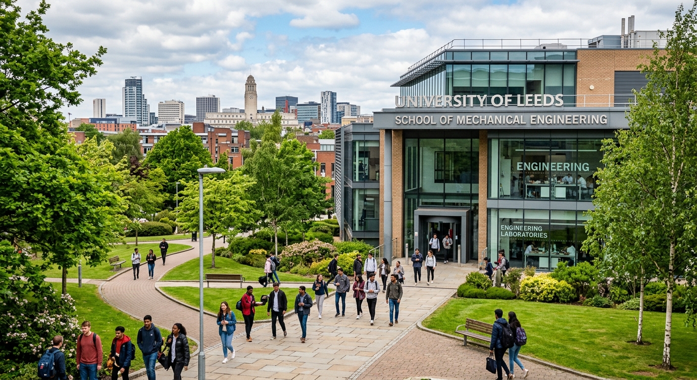 University of Leeds School of Mechanical Engineering building exterior with modern engineering laboratories, students walking on campus pathways surrounded by green spaces, Leeds city skyline in background