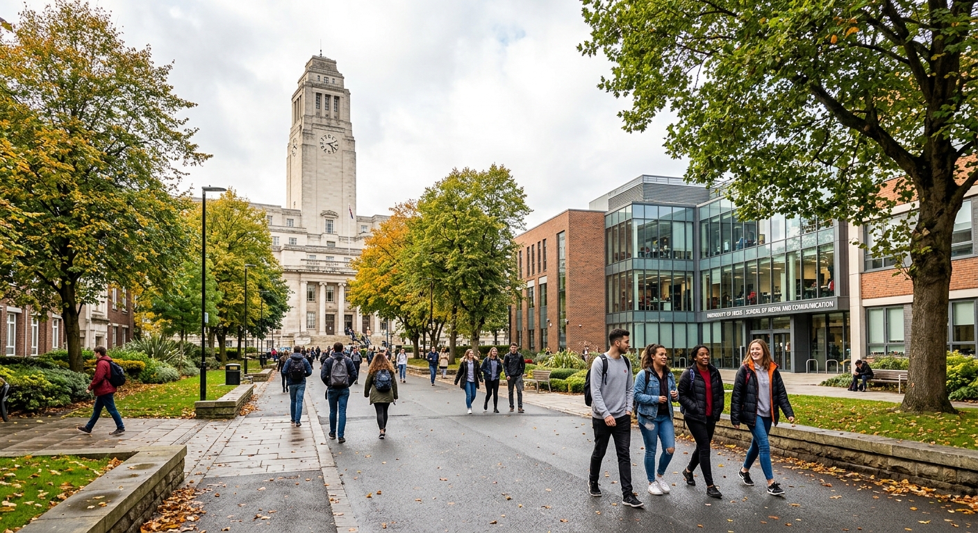 University of Leeds campus with the Parkinson Building in the background, students walking along tree-lined pathways, modern School of Media and Communication building visible, bright overcast English sky