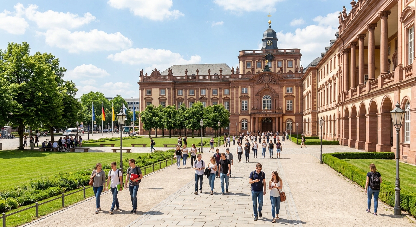 Baroque palace campus of the University of Mannheim with ornate architecture, students walking through the courtyard, green lawns and historic columns, sunny day in Mannheim Germany