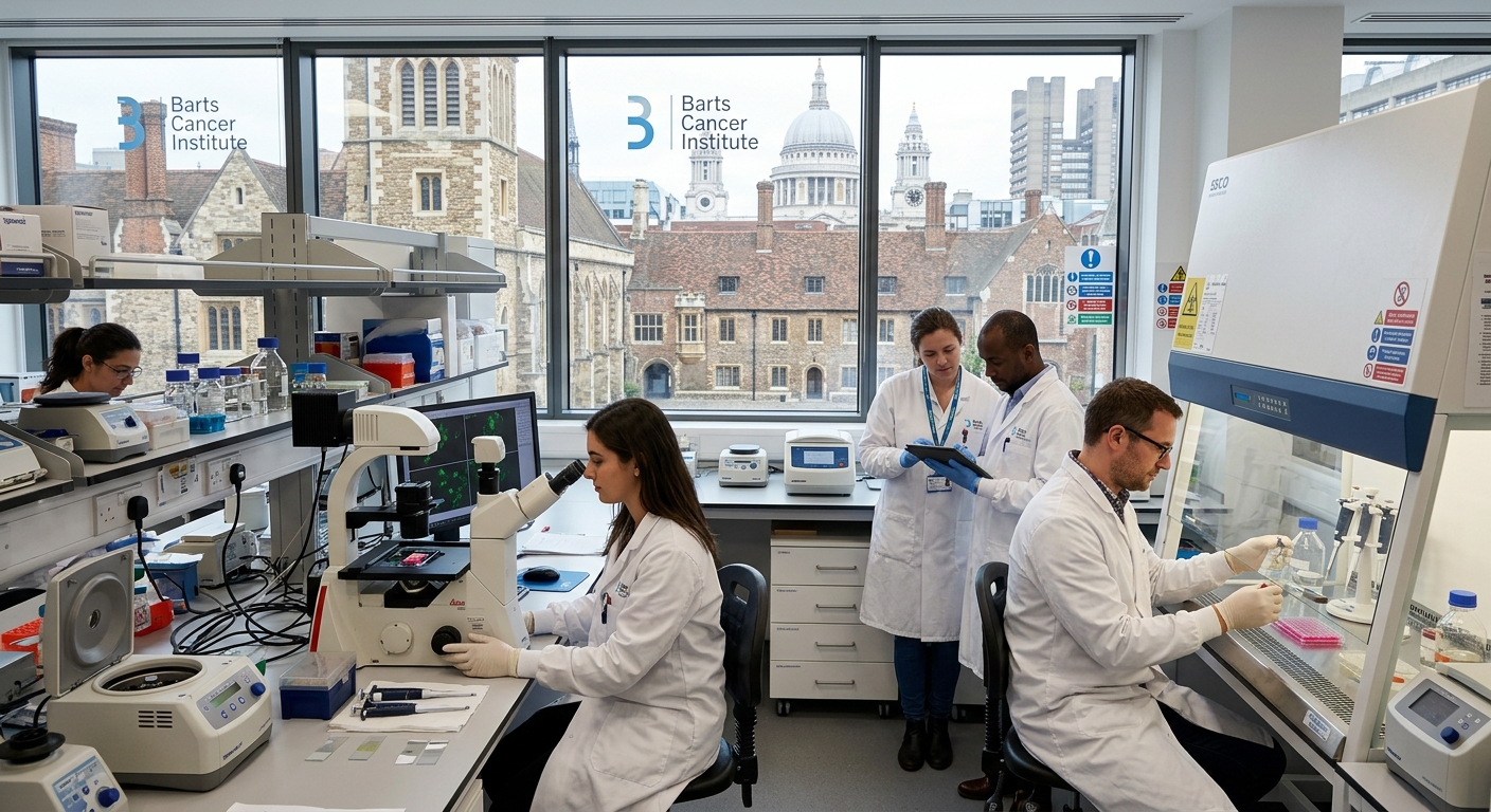 Modern biomedical research laboratory at Barts Cancer Institute, Charterhouse Square campus, London, with researchers in white coats using microscopes and advanced equipment, historic London architecture visible through windows