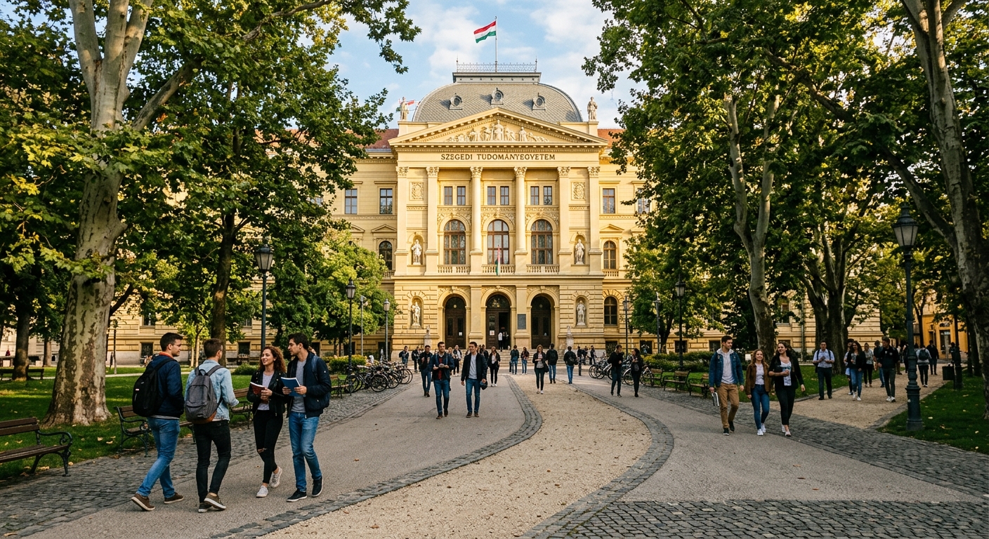 Historic University of Szeged campus building with neoclassical architecture, students walking through tree-lined courtyard in Szeged Hungary, warm sunlight, European academic atmosphere