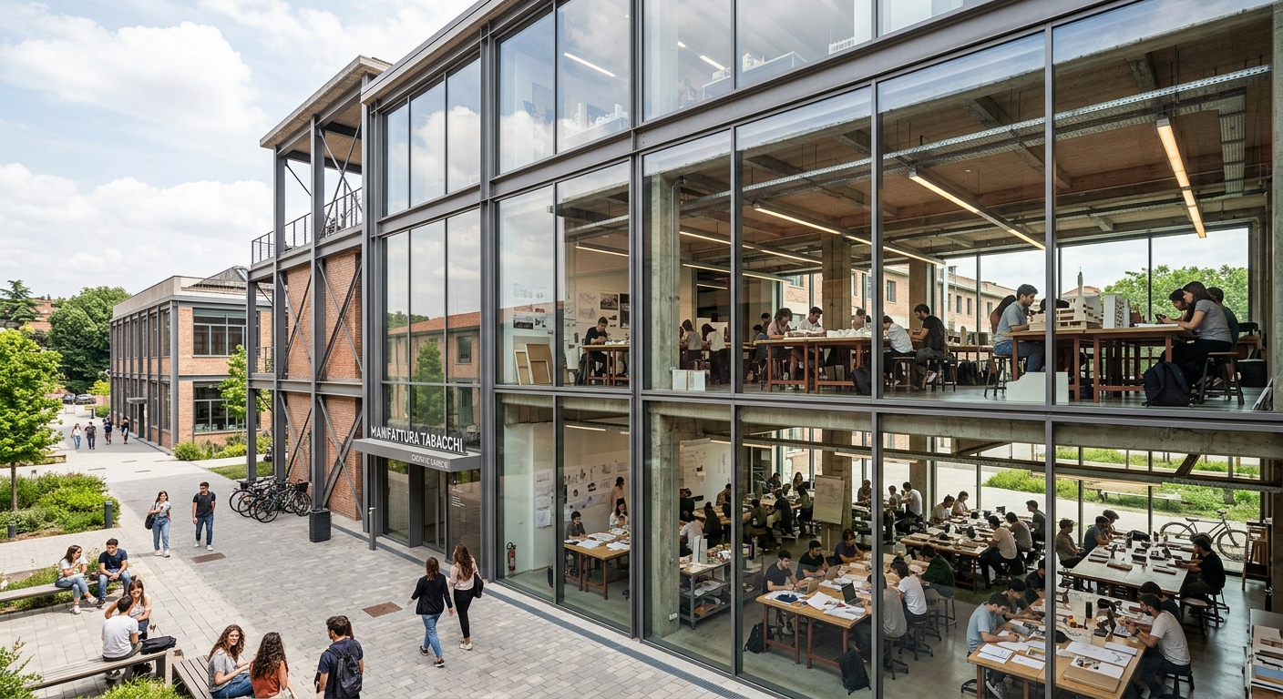 Manifattura Tabacchi creative campus in Florence, modern industrial-style building with large glass windows, students working in open design studios, contemporary architecture