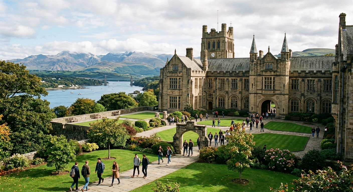 Historic Bangor University campus building with stone architecture set against the dramatic backdrop of Snowdonia mountains and the Menai Strait in North Wales, students walking through green courtyards