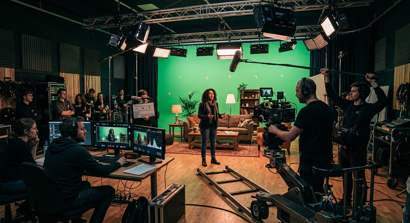 Professional film studio environment with dramatic lighting, an actor performing in front of a camera crew, green screen backdrop visible, modern production equipment and monitors in a creative university setting