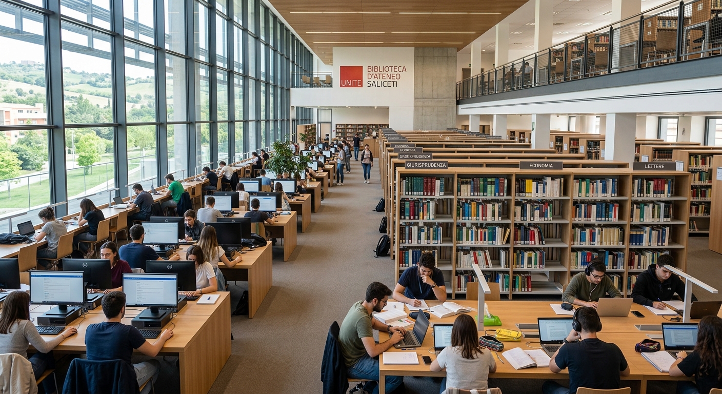 University of Teramo campus library interior with modern study spaces, bookshelves, computer stations, and students studying at desks under natural lighting