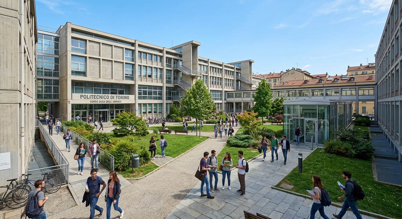 Politecnico di Torino main engineering campus building on Corso Duca degli Abruzzi in Turin, Italy, with modern architecture, green courtyard, and students walking between lecture halls under a clear blue sky