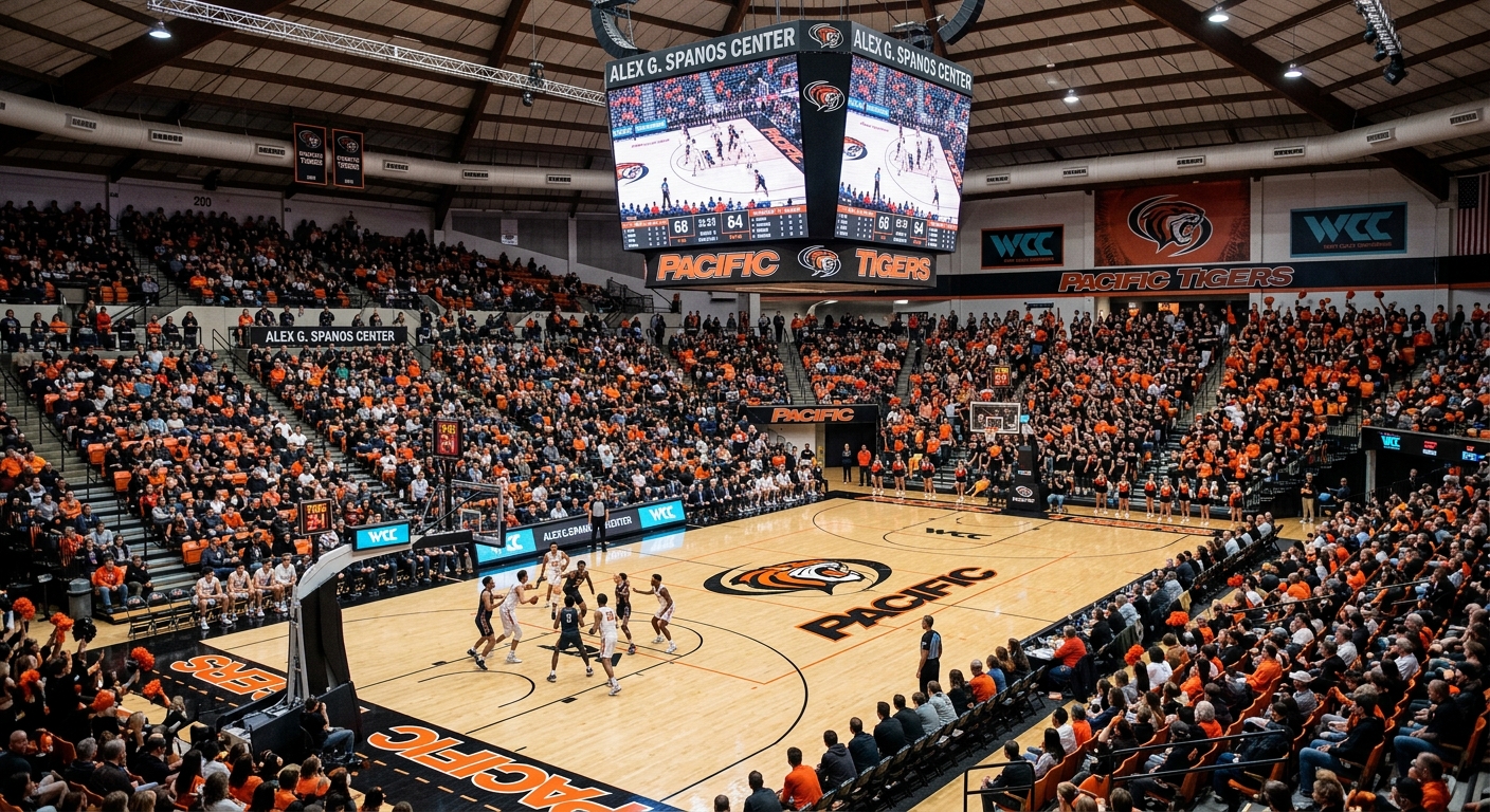Alex G. Spanos Center arena interior with basketball court, seating for thousands of spectators, and Pacific Tigers branding