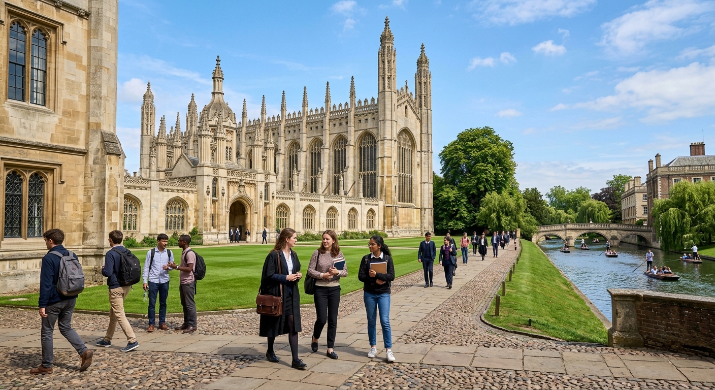 Historic University of Cambridge campus with Gothic stone buildings, green college courtyards, and the River Cam in the background, students walking along cobblestone paths under a clear sky