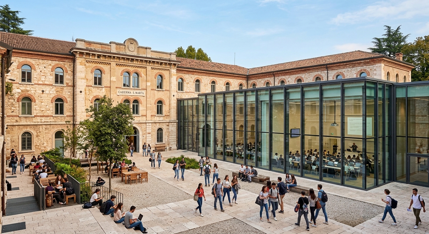 Santa Marta campus restored 19th century Austrian barracks building with modern glass additions, courtyard with students, contemporary lecture halls