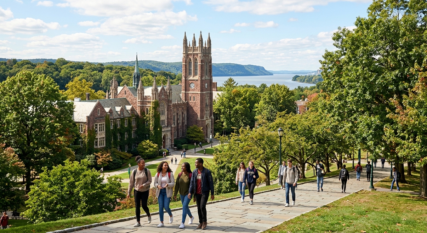 Manhattan University campus in Riverdale, New York with Gothic-style academic buildings surrounded by green trees, the Hudson River visible in the background, students walking along tree-lined pathways on a sunny day