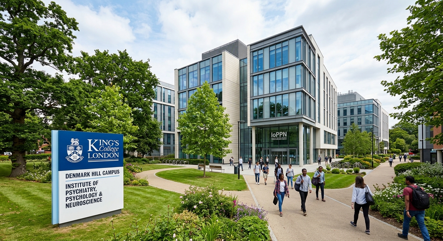 Denmark Hill Campus King's College London, modern research buildings, green landscaped grounds, Institute of Psychiatry Psychology and Neuroscience signage