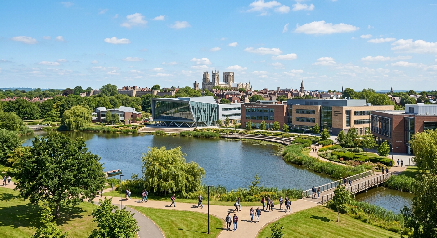 University of York parkland campus with modern academic buildings, lake and green spaces, historic city of York visible in the background, students walking along pathways under blue sky