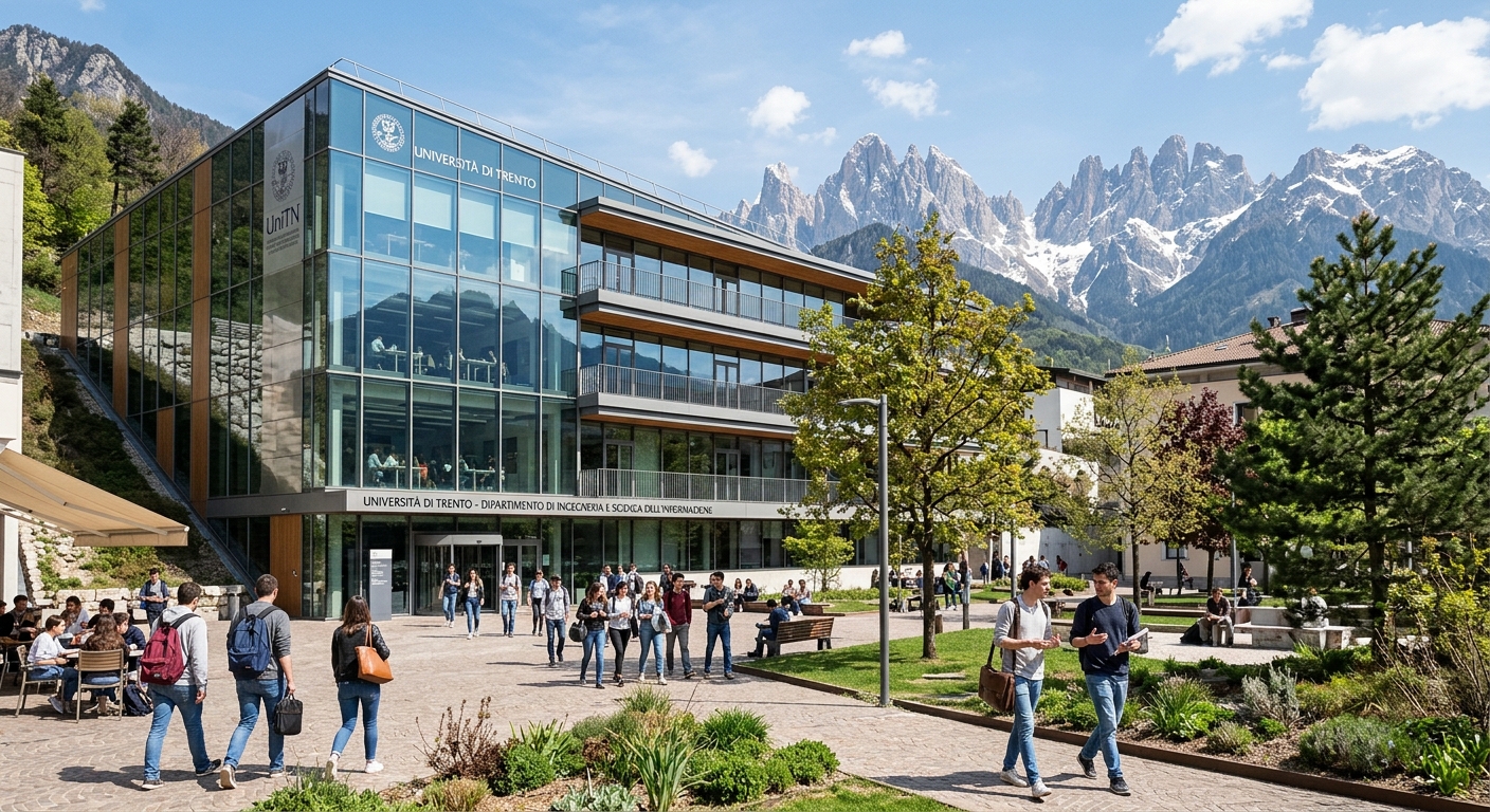 University of Trento campus in the Italian Dolomites, modern Department of Information Engineering and Computer Science building with glass facade, students walking through a sunlit courtyard with Alpine mountains in the background