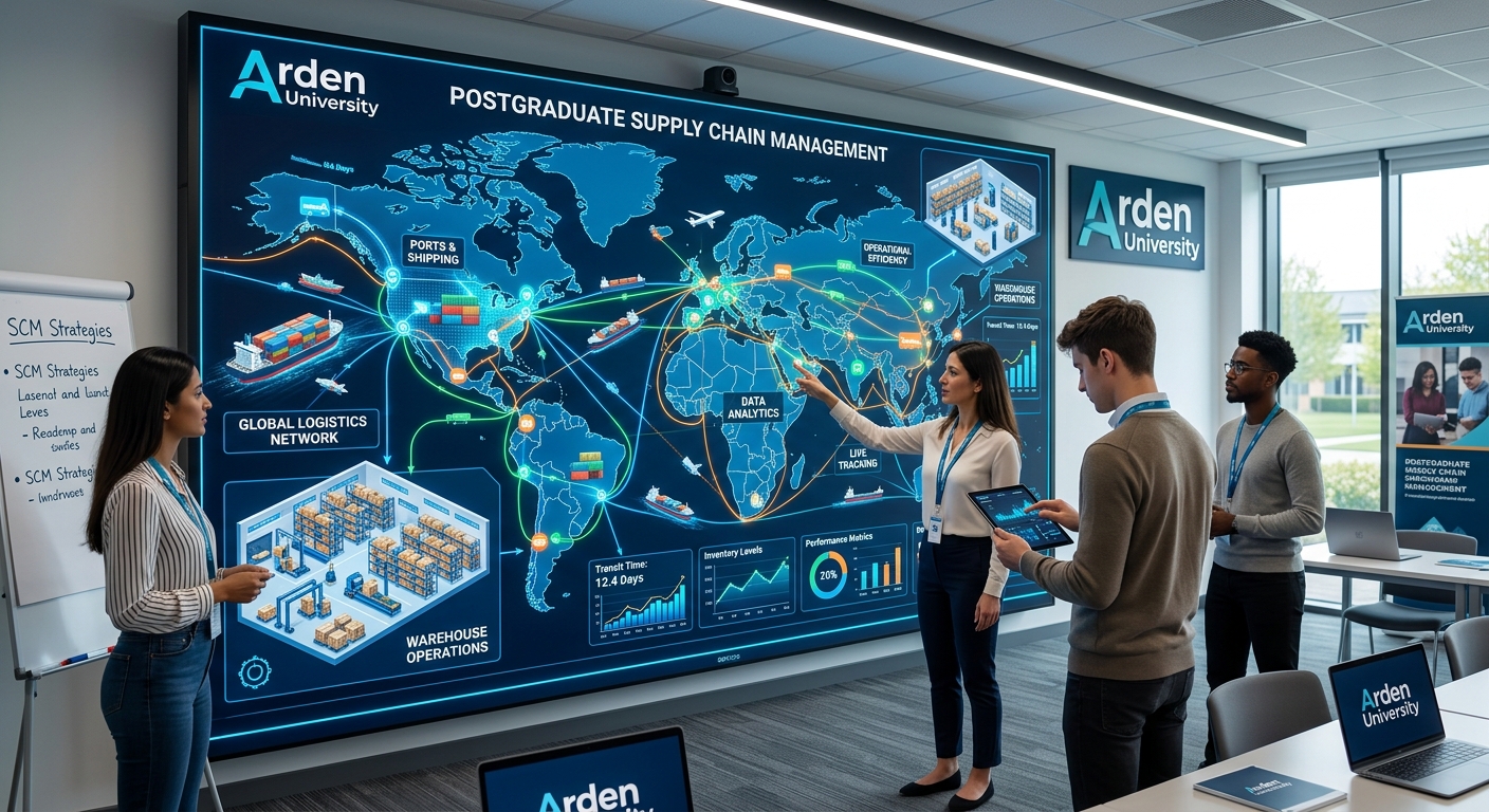 Modern digital supply chain visualization with interconnected logistics networks, shipping containers, warehouse operations, and data analytics dashboards, Arden University branding, professional postgraduate education setting