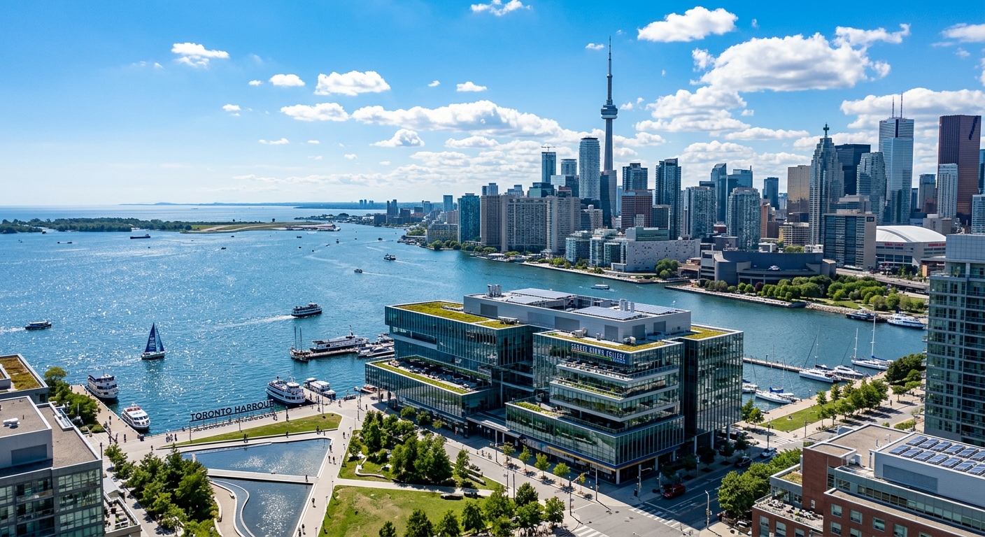 George Brown College Waterfront Campus aerial view, modern glass building on Toronto harbour, Lake Ontario in background, CN Tower visible in skyline, bright daytime with blue sky