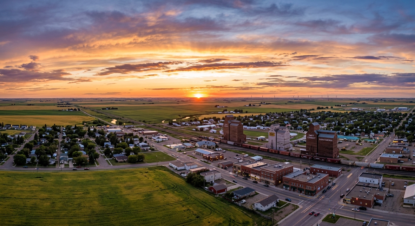 Swift Current Saskatchewan cityscape, prairie city with grain elevators, wide open sky, flat landscape with green fields, small-town Canadian charm, sunset over the prairies