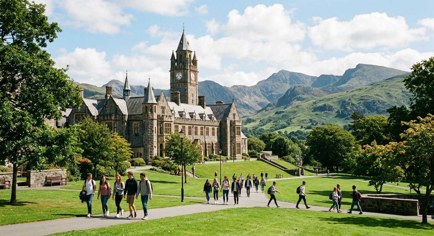 Bangor University historic main building with clock tower set against lush green hills and Snowdonia mountains in the background, students walking across campus on a bright day in North Wales