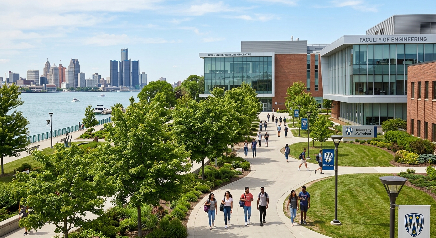 University of Windsor campus with modern academic buildings near the Detroit River waterfront, students walking along tree-lined pathways, bright sunny day in Windsor Ontario Canada