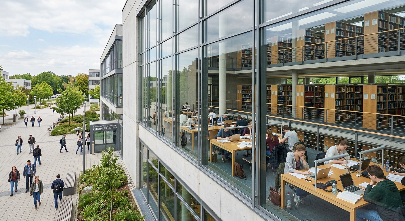 University of Regensburg central library building, modern architecture with large glass windows, students studying at reading desks inside, bookshelves visible, bright natural lighting